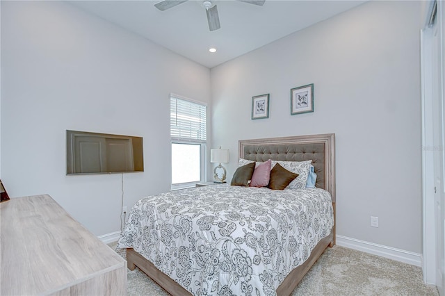 carpeted bedroom featuring baseboards, a ceiling fan, and recessed lighting