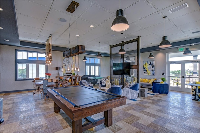 recreation room featuring french doors, pool table, visible vents, and an inviting chandelier