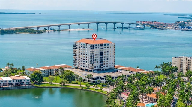 bird's eye view with a water view