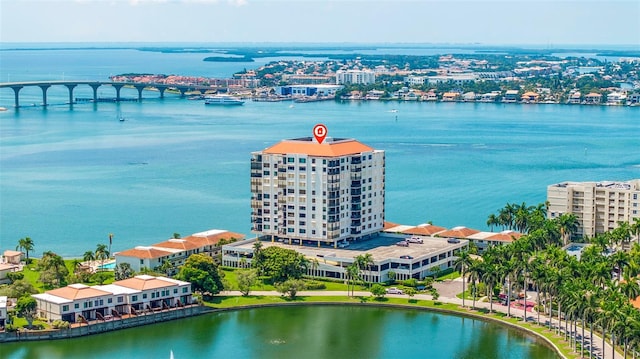 aerial view featuring a water view