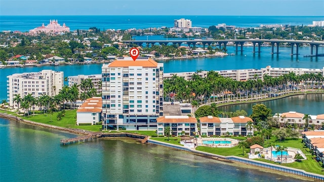 drone / aerial view with a water view