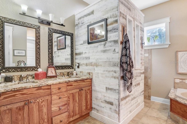 18929 Crescent Rd, Odessa, FL 33556 - bathroom with double vanity, a walk in shower, tile patterned floors, and baseboards