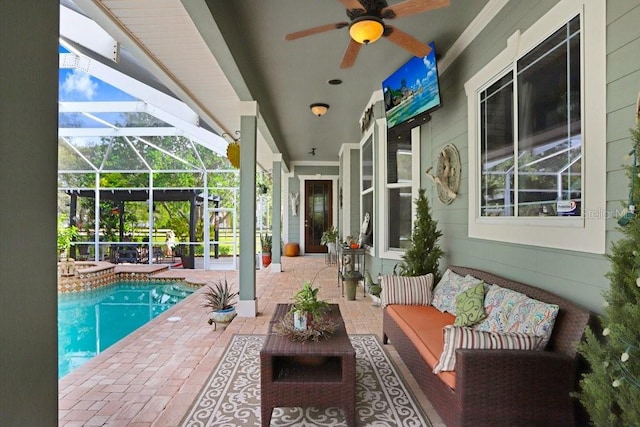18929 Crescent Rd, Odessa, FL 33556 - view of patio / terrace featuring outdoor lounge area, ceiling fan, an outdoor pool, and glass enclosure