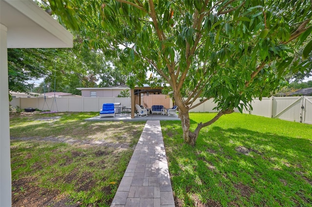view of yard featuring a fenced backyard, a gate, and a patio