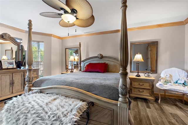 bedroom with crown molding, a ceiling fan, baseboards, and wood finished floors