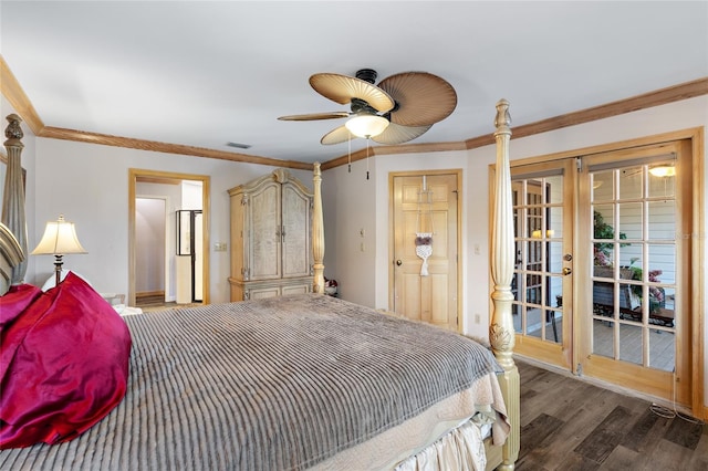 bedroom with visible vents, ornamental molding, and french doors