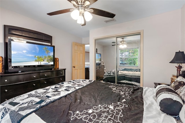 bedroom featuring a ceiling fan, visible vents, and a closet