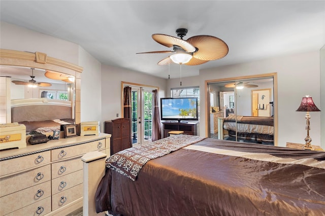 bedroom featuring access to outside and ceiling fan