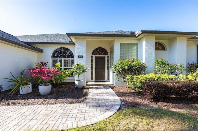 entrance to property featuring a shingled roof and stucco siding