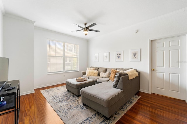 700 S Harbour Island Blvd Unit 342, Tampa, FL 33602 - living area featuring a ceiling fan, dark wood-style flooring, ornamental molding, and baseboards