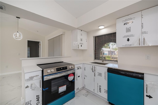 2167 Corfell St, Port Charlotte, FL 33948 - kitchen with dishwashing machine, electric stove, light marble finish flooring, light countertops, and lofted ceiling