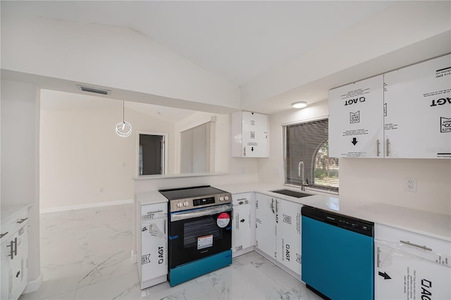 2167 Corfell St, Port Charlotte, FL 33948 - kitchen featuring dishwashing machine, stainless steel electric range oven, a sink, vaulted ceiling, and light countertops