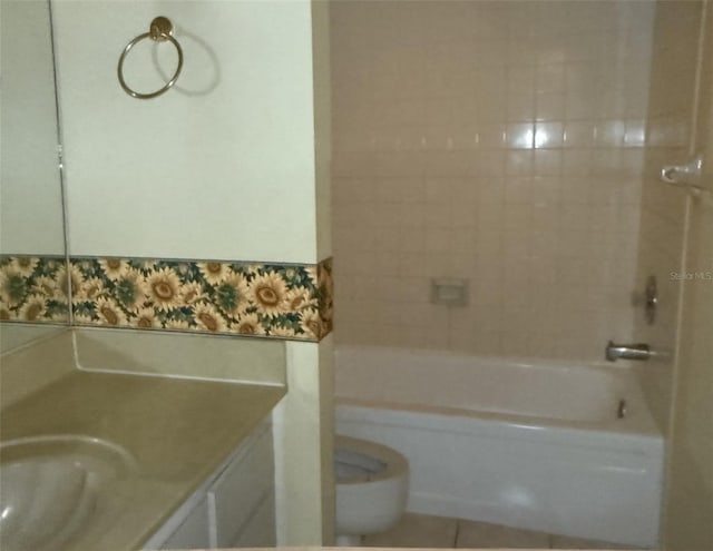 full bath featuring vanity, shower / bathing tub combination, tile patterned floors, and toilet