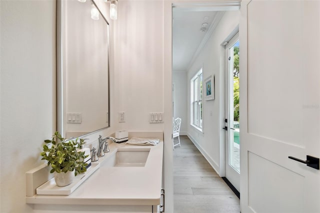 bathroom featuring ornamental molding, wood finished floors, vanity, and baseboards