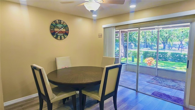 3086 Pointer Dr, Palm Harbor, FL 34683 - dining room featuring wood finished floors, a ceiling fan, and baseboards