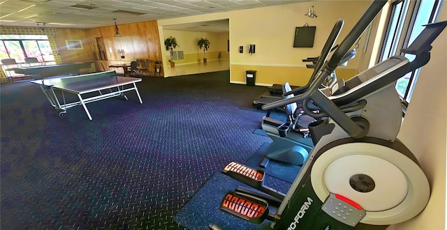 3086 Pointer Dr, Palm Harbor, FL 34683 - workout area with a drop ceiling, baseboards, wooden walls, and carpet
