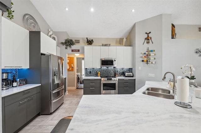 kitchen with appliances with stainless steel finishes, a sink, white cabinetry, decorative backsplash, and visible vents