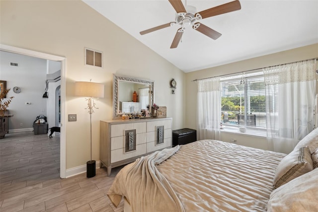 bedroom with ceiling fan, baseboards, visible vents, and light wood-style flooring