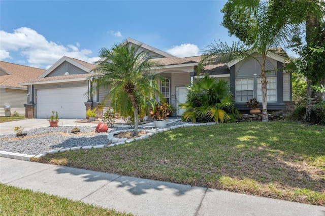 single story home with an attached garage, driveway, and a front lawn