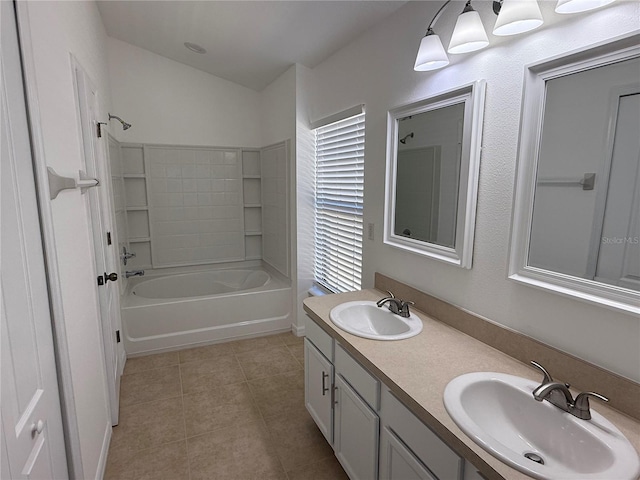 full bath featuring tile patterned flooring, a sink, shower / bathtub combination, and double vanity