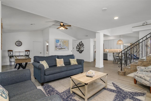 1109 SW 44th St, Cape Coral, FL 33914 - living area with stairway, ceiling fan, wood finished floors, recessed lighting, and lofted ceiling