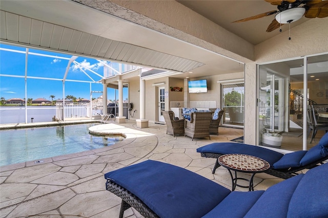 1109 SW 44th St, Cape Coral, FL 33914 - outdoor pool with a patio area, ceiling fan, glass enclosure, and an outdoor living space