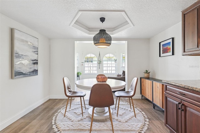 640 Kenneth Way, Tarpon Springs, FL 34689 - dining space with light wood-style floors, a textured ceiling, baseboards, and a tray ceiling