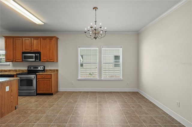 7165 Crk 655, Bushnell, FL 33513 - kitchen with stainless steel appliances, brown cabinets, a chandelier, light tile patterned floors, and ornamental molding