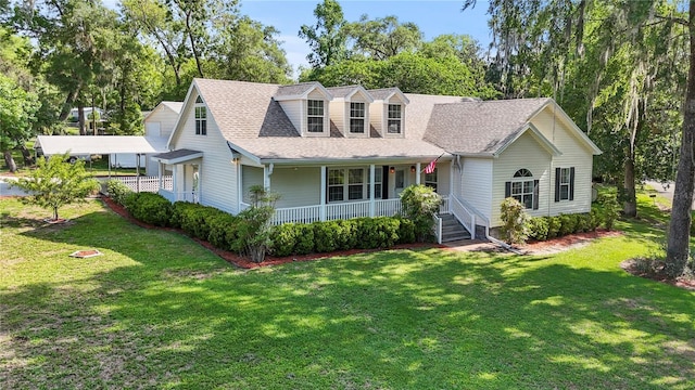 7165 Crk 655, Bushnell, FL 33513 - new england style home featuring a porch, a front yard, roof with shingles, and view of scattered trees