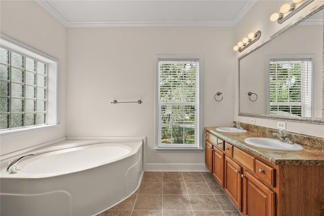 7165 Crk 655, Bushnell, FL 33513 - full bath featuring healthy amount of natural light, a garden tub, crown molding, double vanity, and tile patterned floors