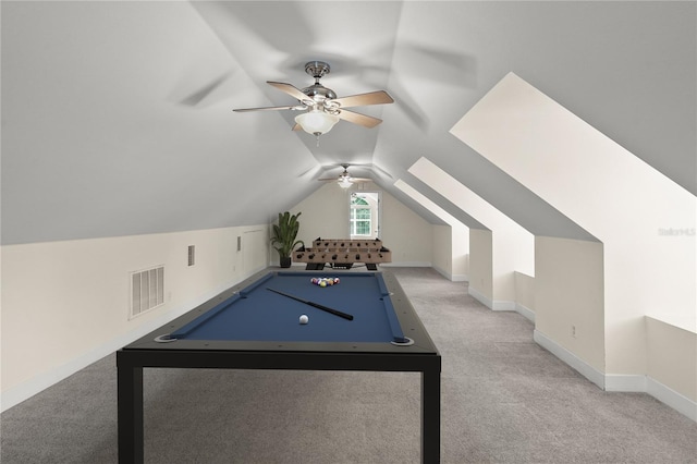 7165 Crk 655, Bushnell, FL 33513 - playroom featuring light carpet, lofted ceiling, ceiling fan, pool table, and baseboards