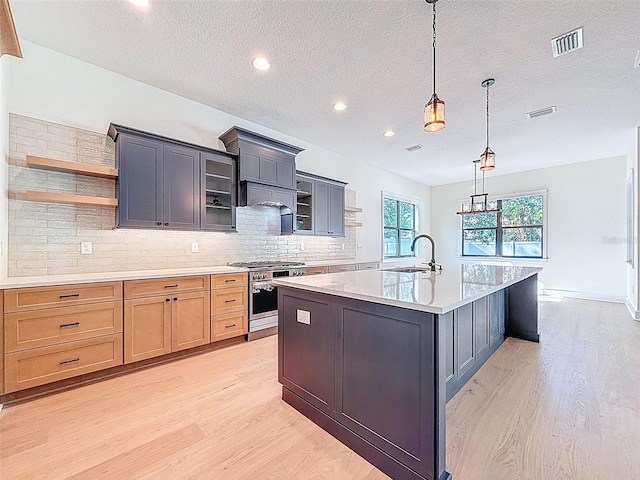kitchen with open shelves, a sink, light wood finished floors, and high end stove