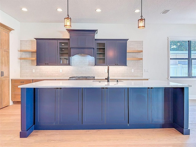 kitchen featuring a sink, open shelves, and light wood-style flooring