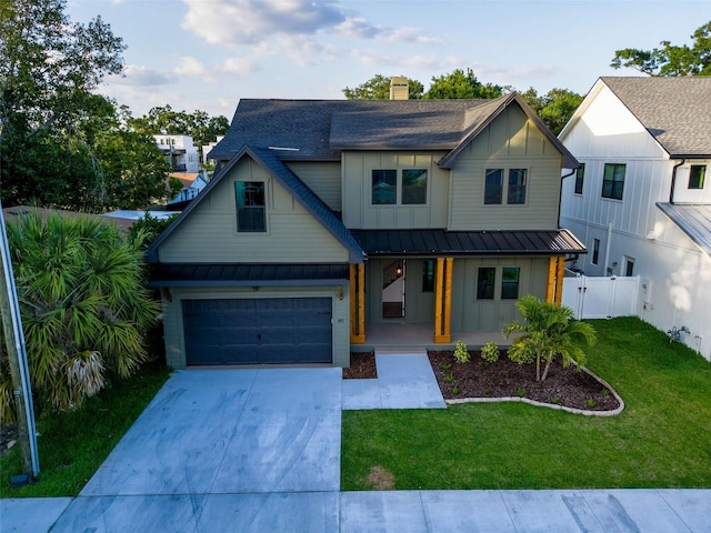 modern inspired farmhouse with board and batten siding, covered porch, a standing seam roof, roof with shingles, and concrete driveway