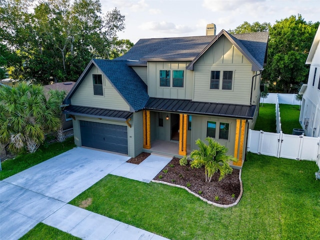 modern inspired farmhouse featuring covered porch, roof with shingles, a standing seam roof, a gate, and board and batten siding