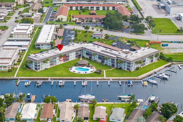 aerial view featuring a water view
