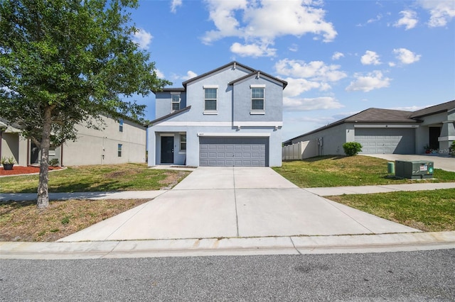 modern farmhouse with a garage, stucco siding, driveway, and a front yard