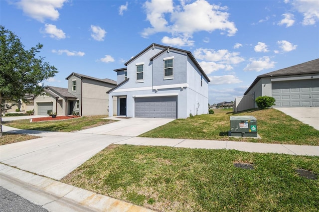 view of front of home featuring stucco siding, a garage, driveway, and a front lawn