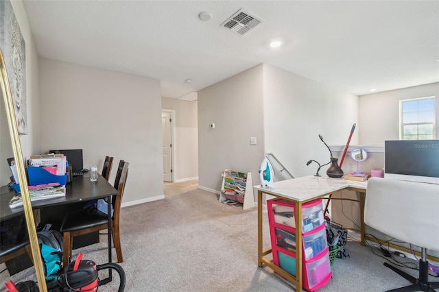 home office featuring baseboards, carpet flooring, recessed lighting, and visible vents