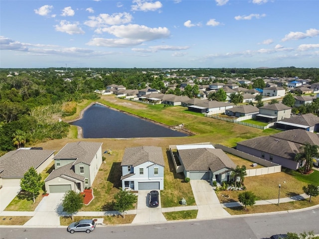 birds eye view of property with a water view and a residential view