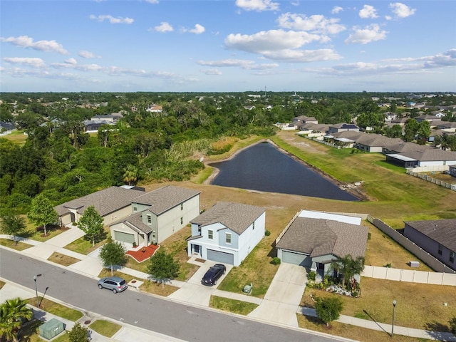 aerial view with a water view and a residential view