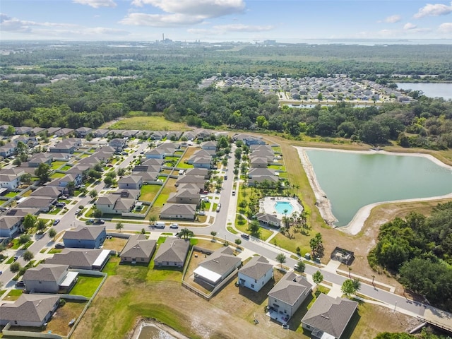 aerial view featuring a water view and a residential view