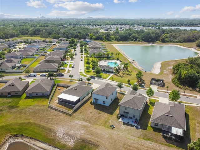 bird's eye view featuring a residential view and a water view