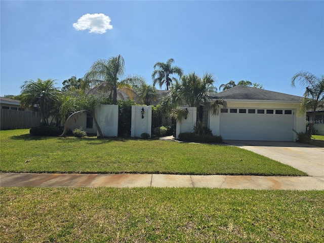 single story home featuring an attached garage, driveway, a front yard, and stucco siding