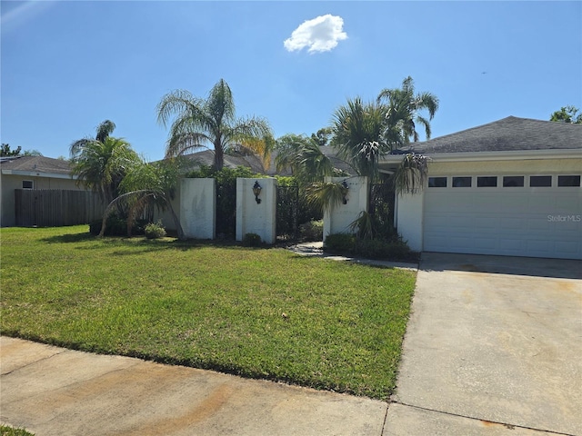 ranch-style home with a garage, fence, a front lawn, concrete driveway, and stucco siding