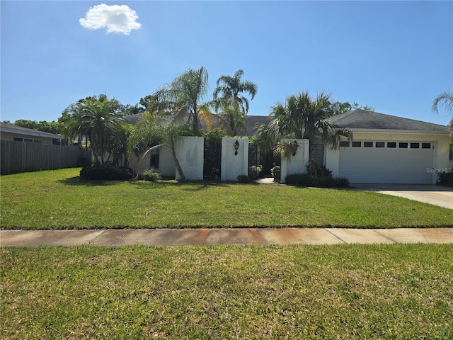 ranch-style home featuring fence, an attached garage, concrete driveway, and a front lawn