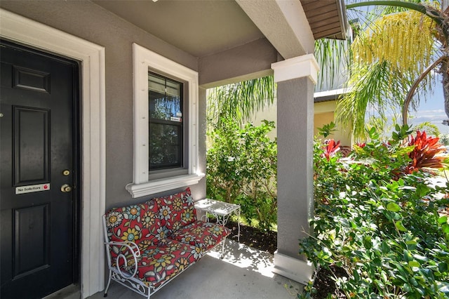 10148 Rose Petal Pl, Riverview, FL 33578 - doorway to property with stucco siding and covered porch
