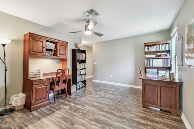 10148 Rose Petal Pl, Riverview, FL 33578 - office space featuring a ceiling fan, baseboards, visible vents, and wood finished floors