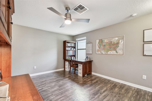 10148 Rose Petal Pl, Riverview, FL 33578 - home office featuring visible vents, baseboards, ceiling fan, and wood finished floors