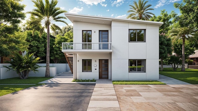0 9th St, Sarasota, FL 34237 - modern home featuring stucco siding, a balcony, stairway, and fence